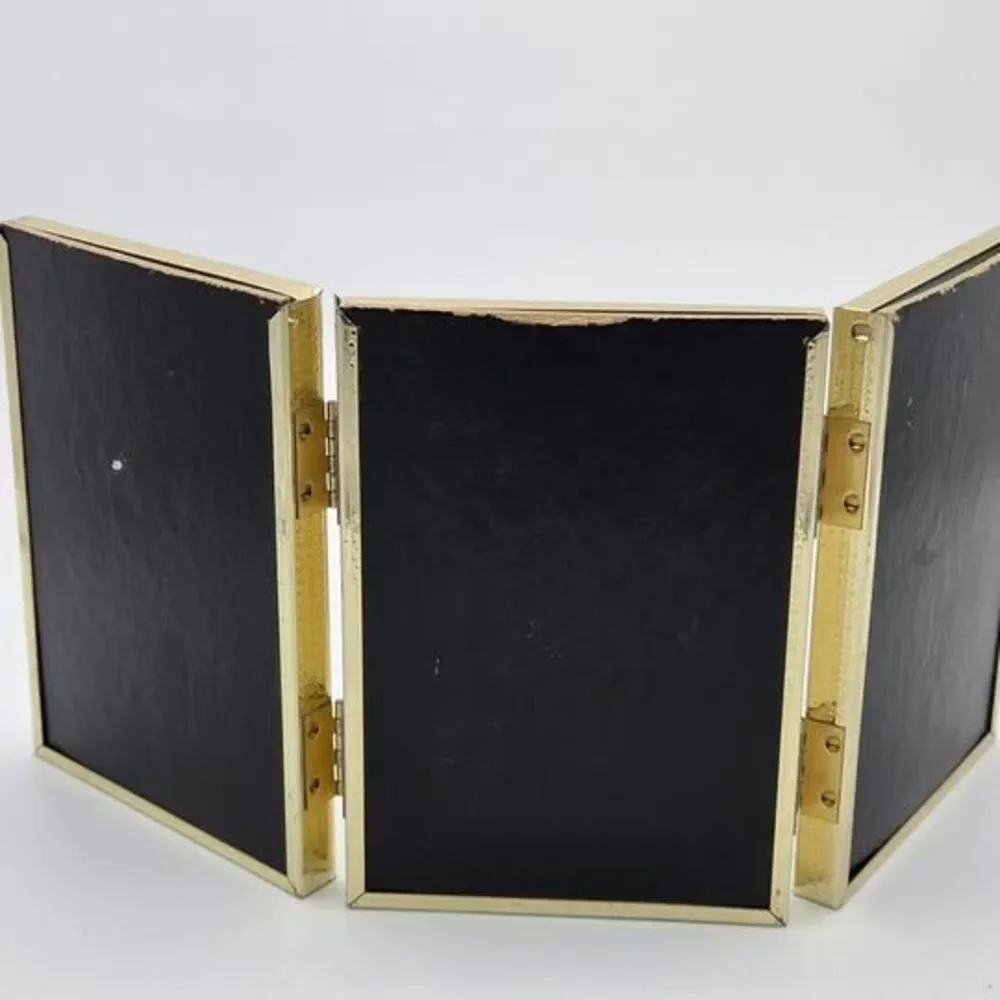 Vintage 1950s 1960s Gold Tone Metal Triple Hinged Picture Frame Trifold Tabletop